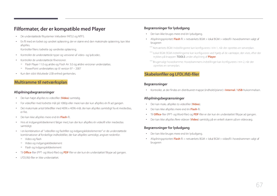 Samsung LH32DBEPLGC/EN manual Filformater, der er kompatible med Player, Multiramme til netværksplan, Video og flash 