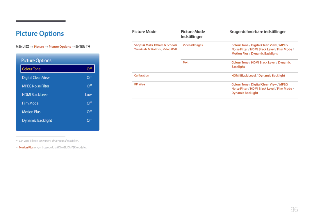 Samsung LH40DMEPLGC/EN, LH48DMEPLGC/EN manual Picture Options, Digital Clean View Off Mpeg Noise Filter Hdmi Black Level 