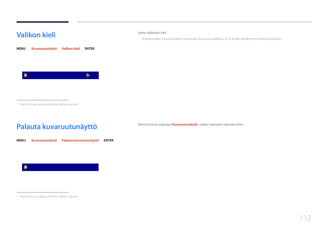 Samsung LH65DMEPLGC/EN manual Palauta kuvaruutunäyttö, 112, Menu m → Kuvaruutunäyttö → Valikon kieli → Enter E 