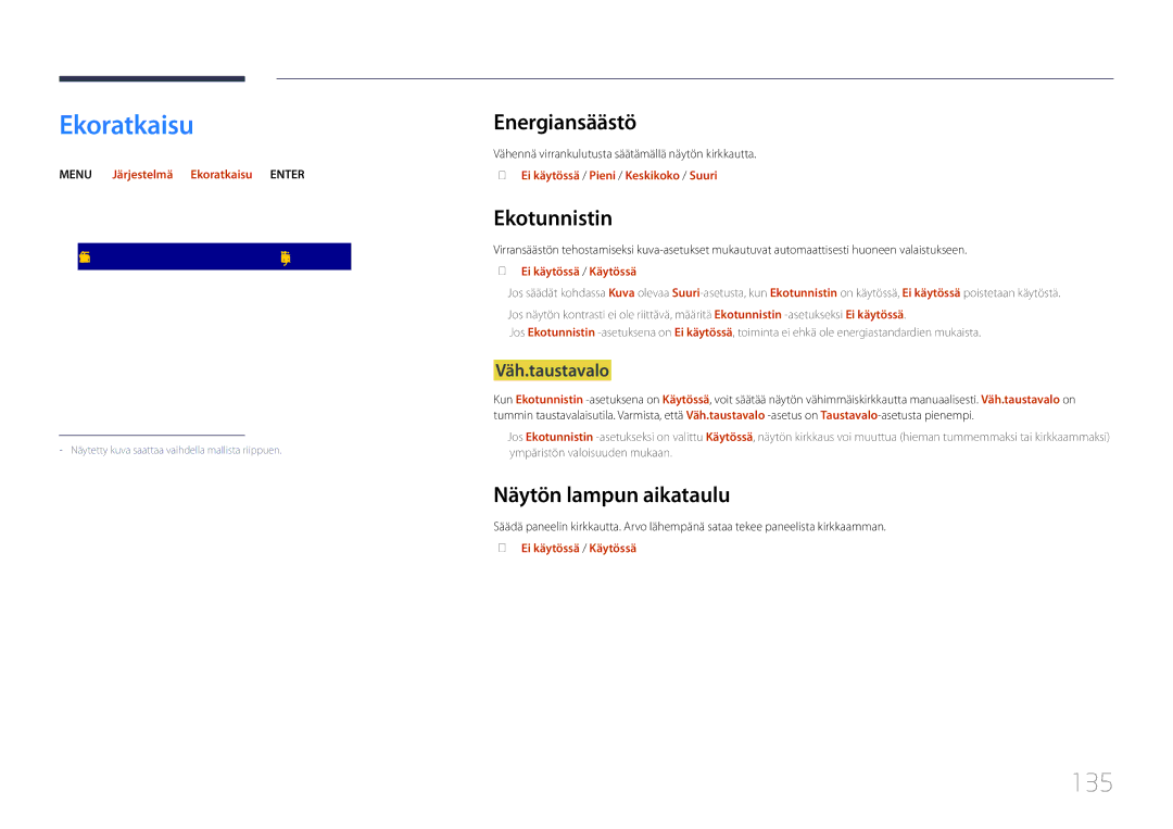 Samsung LH40DMEPLGC/EN, LH48DMEPLGC/EN manual Ekoratkaisu, 135, Energiansäästö, Ekotunnistin, Näytön lampun aikataulu 