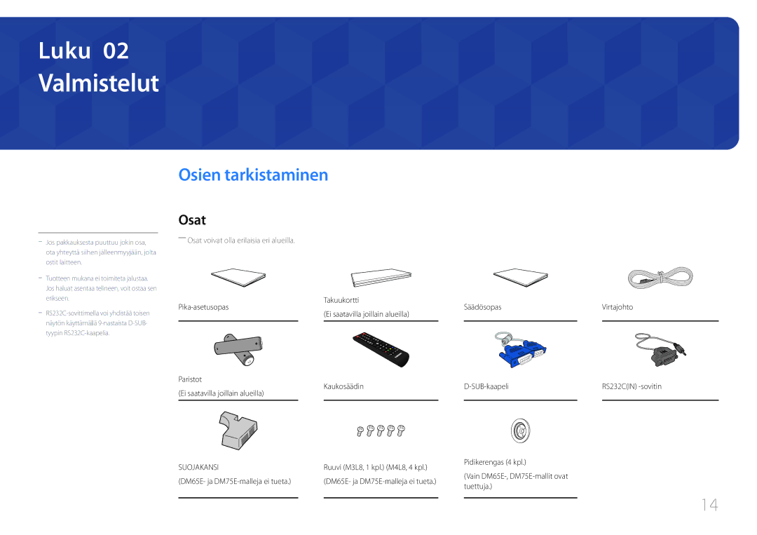 Samsung LH40DHEPLGC/EN, LH48DMEPLGC/EN, LH32DBEPLGC/EN, LH55DMEPLGC/EN, LH55DBEPLGC/EN Valmistelut, Osien tarkistaminen, Osat 