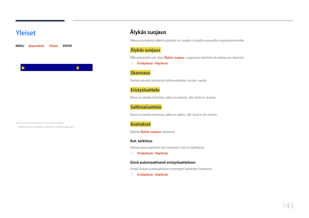 Samsung LH48DMEPLGC/EN, LH40DHEPLGC/EN, LH32DBEPLGC/EN, LH55DMEPLGC/EN, LH55DBEPLGC/EN manual Yleiset, 143, Älykäs suojaus 