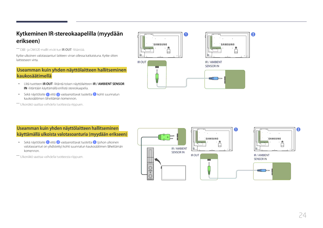 Samsung LH48DHEPLGC/EN Kytkeminen IR-stereokaapelilla myydään Erikseen, ――DBE- ja DM32E-mallit eivät tue IR OUT -liitäntää 