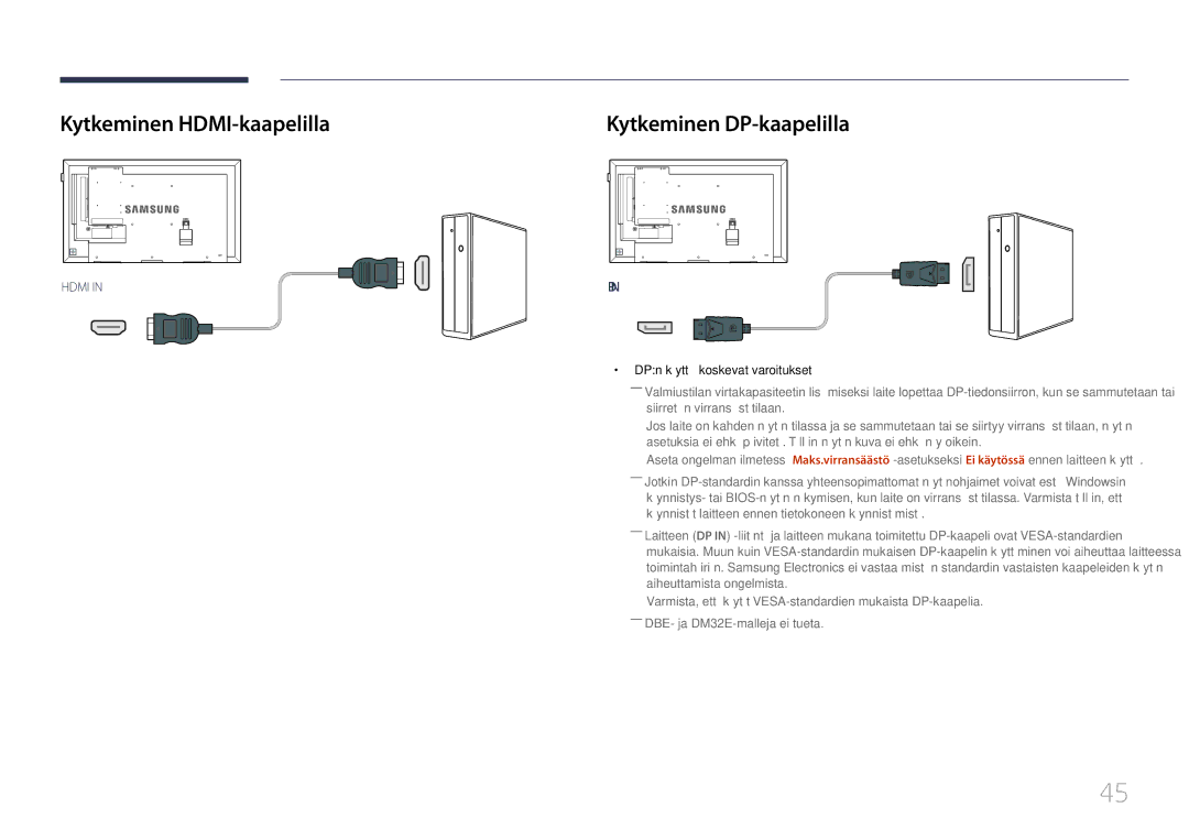 Samsung LH55DHEPLGC/EN manual Kytkeminen HDMI-kaapelilla, Kytkeminen DP-kaapelilla, DPn käyttöä koskevat varoitukset 