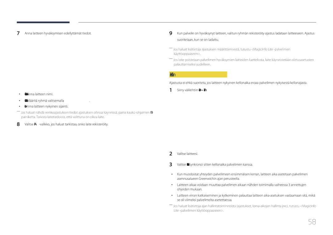 Samsung LH55DHEPLGC/EN, LH48DMEPLGC/EN, LH40DHEPLGC/EN, LH32DBEPLGC/EN, LH55DMEPLGC/EN manual Kellonajan määrittäminen 