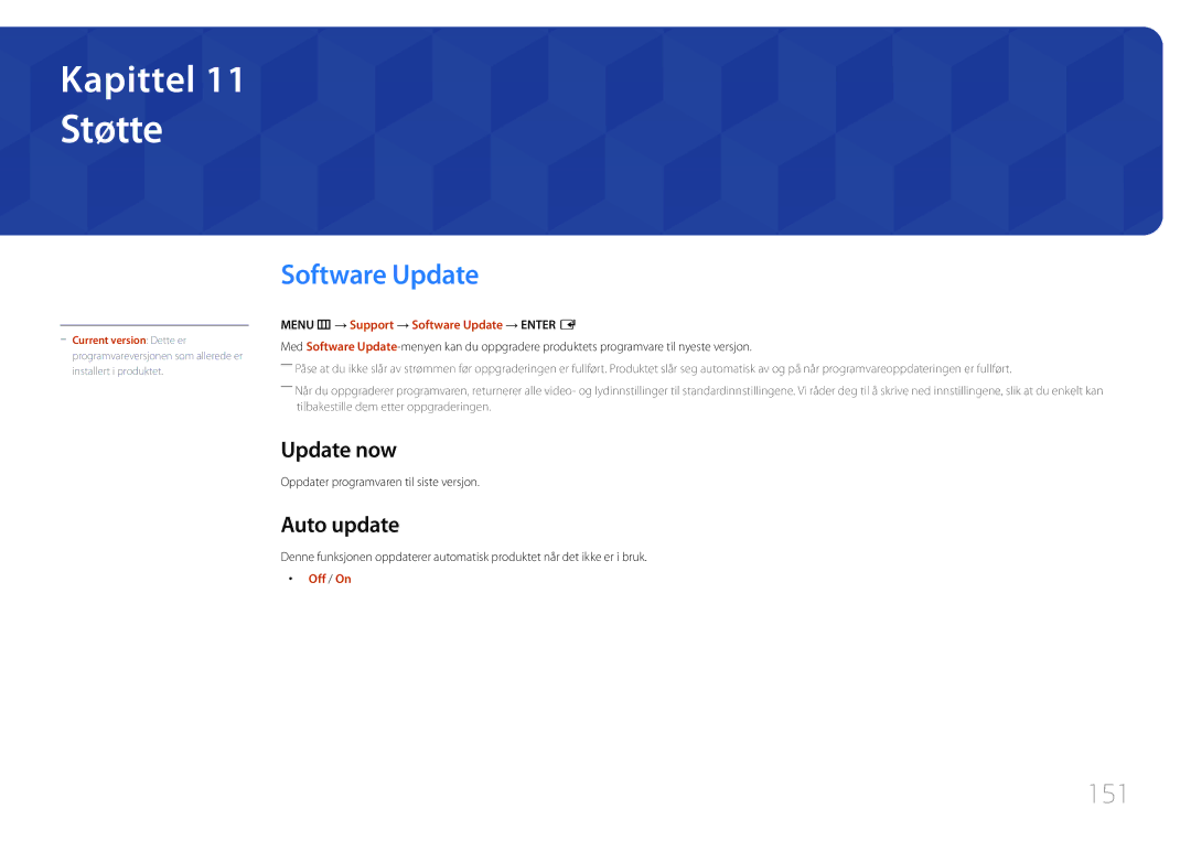 Samsung LH65DMEPLGC/EN, LH48DMEPLGC/EN, LH40DHEPLGC/EN, LH32DBEPLGC/EN Støtte, Software Update, 151, Update now, Auto update 