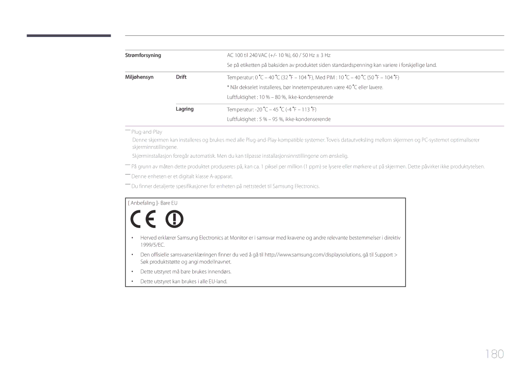 Samsung LH48DHEPLGC/EN, LH48DMEPLGC/EN, LH40DHEPLGC/EN, LH32DBEPLGC/EN manual 180, Lagring, Temperatur -20 C 45 C -4 F 113 F 