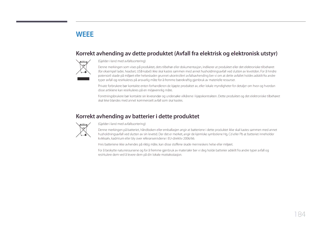 Samsung LH32DBEPLGC/EN manual 184, Korrekt avhending av batterier i dette produktet, Gjelder i land med avfallssortering 