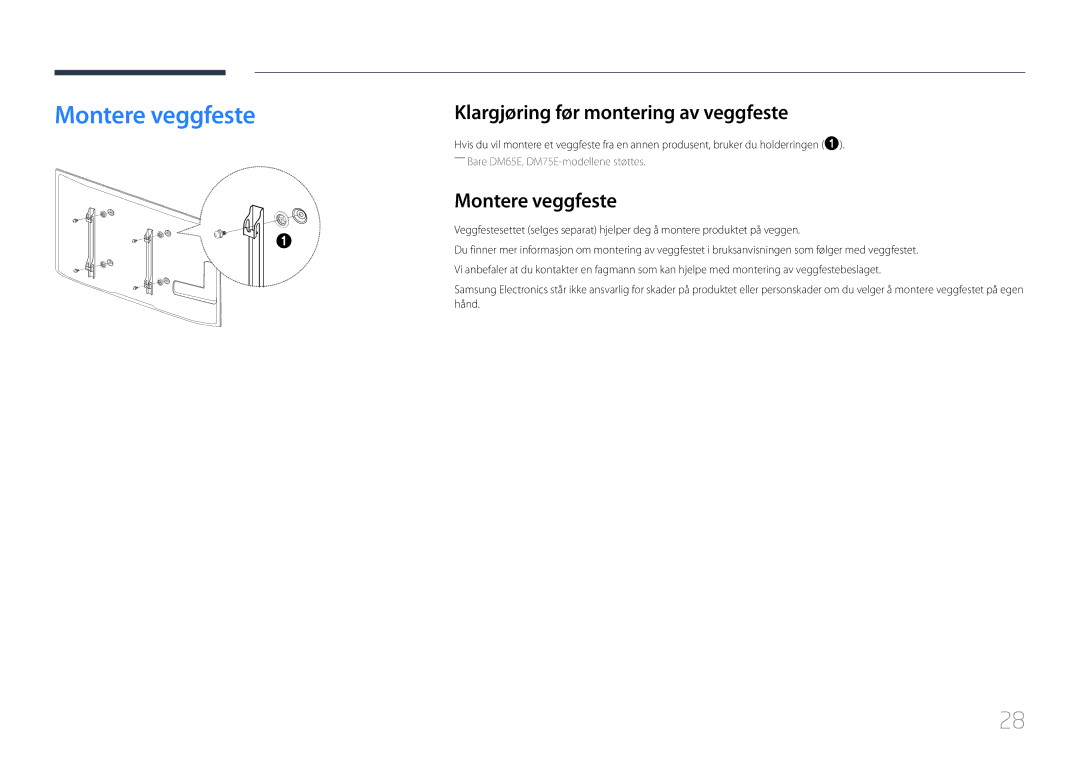 Samsung LH32DBEPLGC/EN, LH48DMEPLGC/EN, LH40DHEPLGC/EN manual Montere veggfeste, Klargjøring før montering av veggfeste 