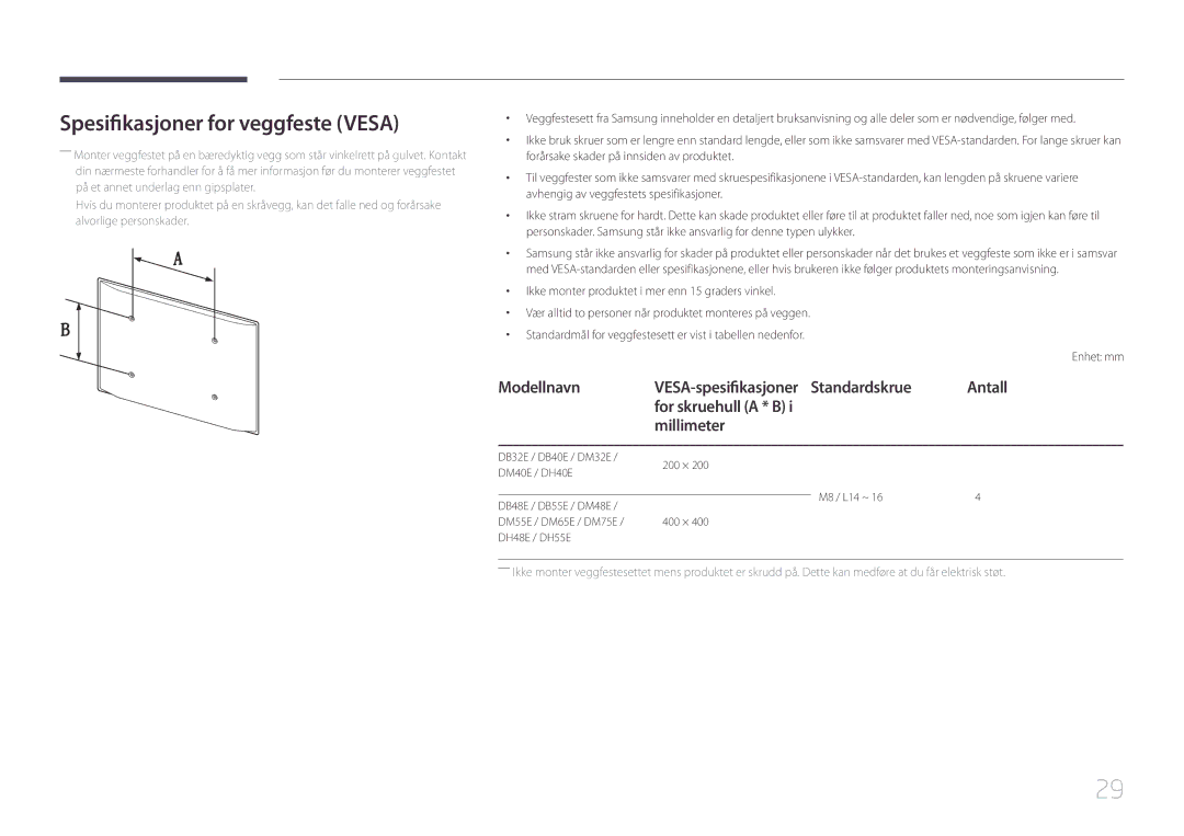 Samsung LH55DMEPLGC/EN manual Spesifikasjoner for veggfeste Vesa, Modellnavn, Antall, For skruehull a * B Millimeter 