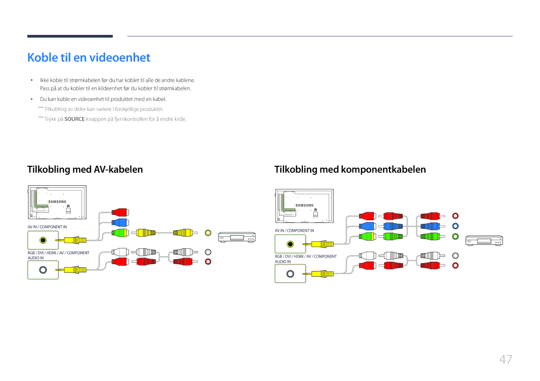 Samsung LH65DMEPLGC/EN, LH48DMEPLGC/EN Koble til en videoenhet, Tilkobling med AV-kabelen, Tilkobling med komponentkabelen 