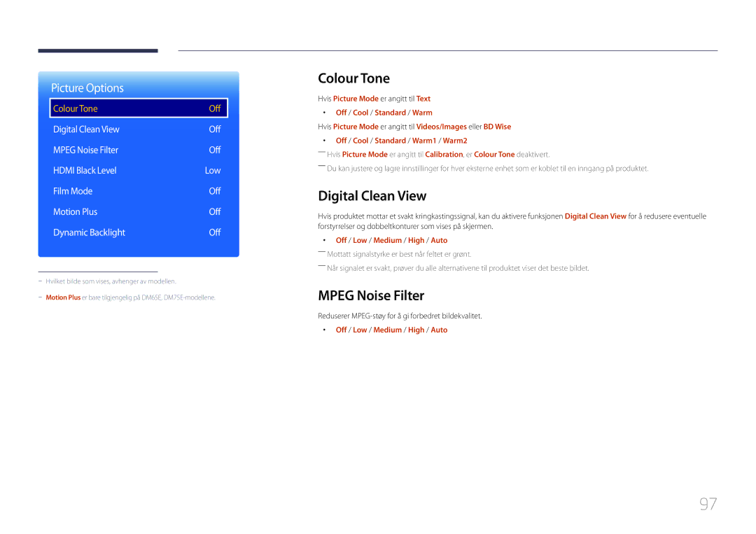 Samsung LH55DHEPLGC/EN manual Colour Tone, Digital Clean View, Mpeg Noise Filter, Off / Low / Medium / High / Auto 