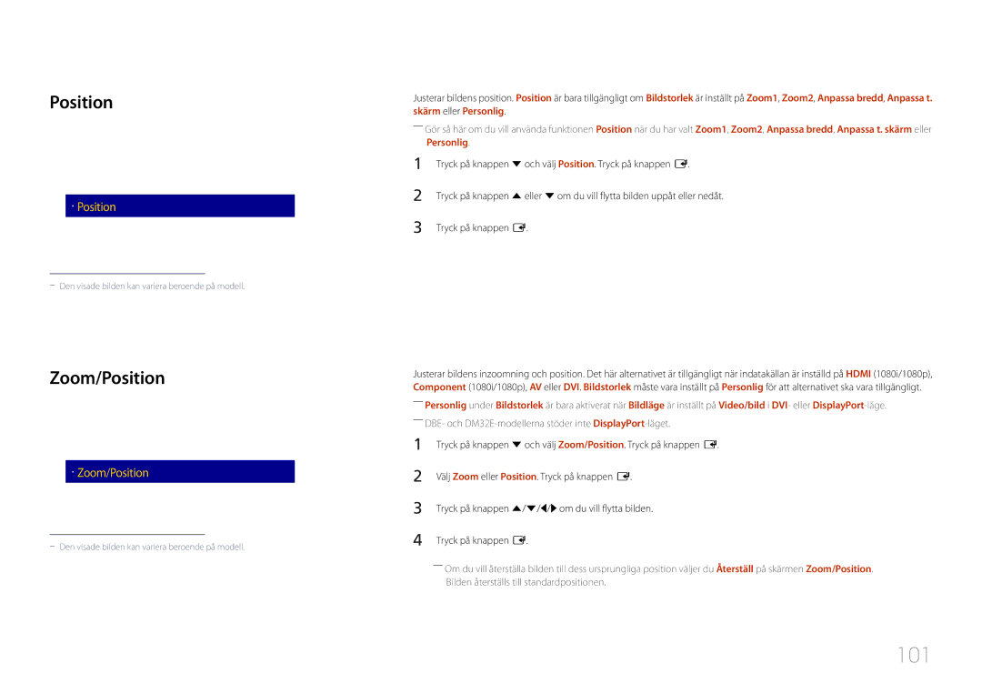 Samsung LH32DMEPLGC/EN, LH48DMEPLGC/EN, LH40DHEPLGC/EN, LH32DBEPLGC/EN manual 101, Zoom/Position, BildstorlekPersonlig 