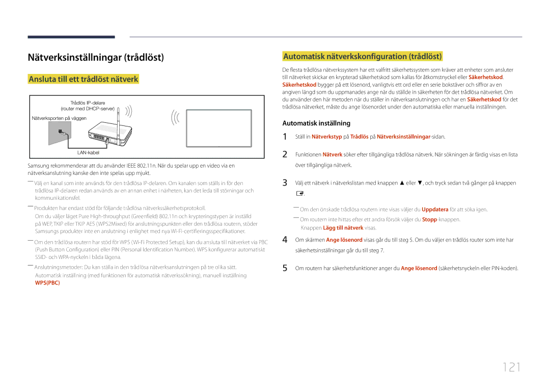 Samsung LH55DBEPLGC/EN, LH48DMEPLGC/EN manual 121, Nätverksinställningar trådlöst, Ansluta till ett trådlöst nätverk 