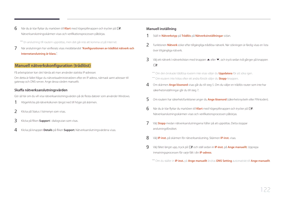 Samsung LH40DMEPLGC/EN manual 122, Manuell nätverkskonfiguration trådlöst, Internetanslutning är klara, Anslutningsförsöket 