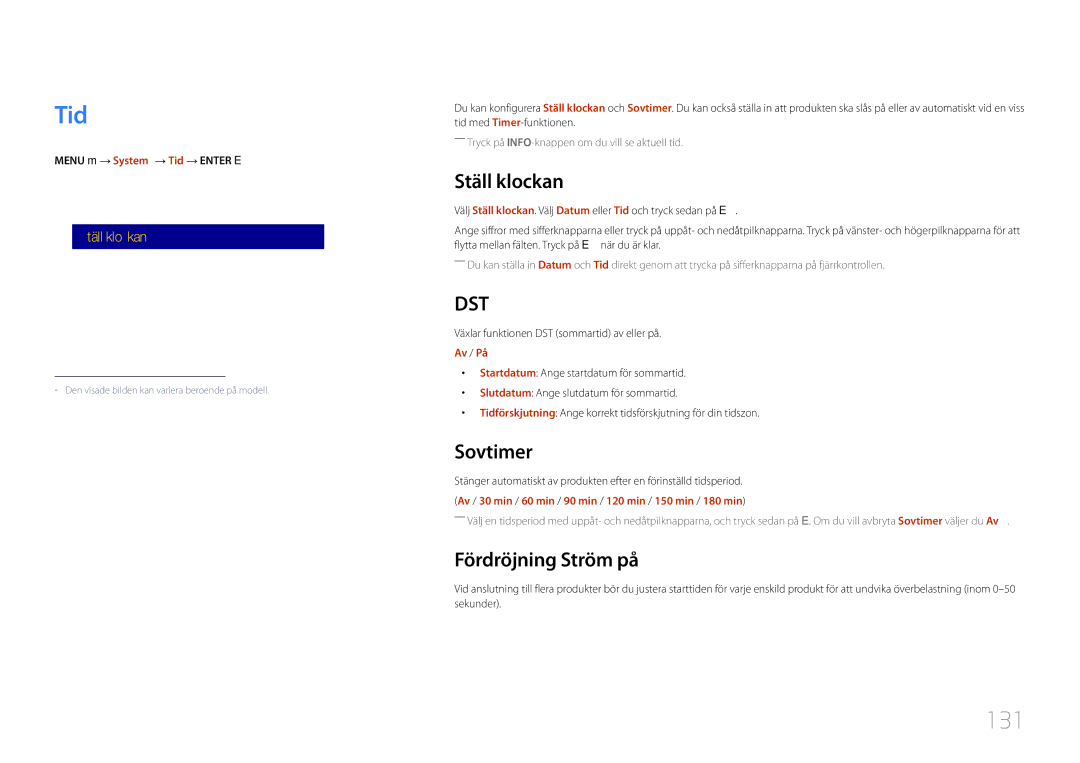 Samsung LH40DHEPLGC/EN, LH48DMEPLGC/EN, LH32DBEPLGC/EN manual Tid, 131, Ställ klockan, Sovtimer, Fördröjning Ström på 