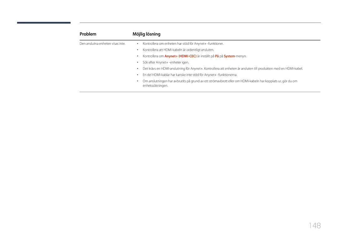 Samsung LH40DMEPLGC/EN, LH48DMEPLGC/EN, LH40DHEPLGC/EN, LH32DBEPLGC/EN, LH55DMEPLGC/EN, LH55DBEPLGC/EN manual 148, Problem 