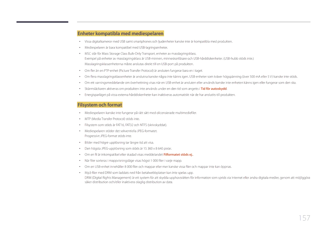 Samsung LH40DHEPLGC/EN, LH48DMEPLGC/EN, LH32DBEPLGC/EN manual 157, Enheter kompatibla med mediespelaren, Filsystem och format 