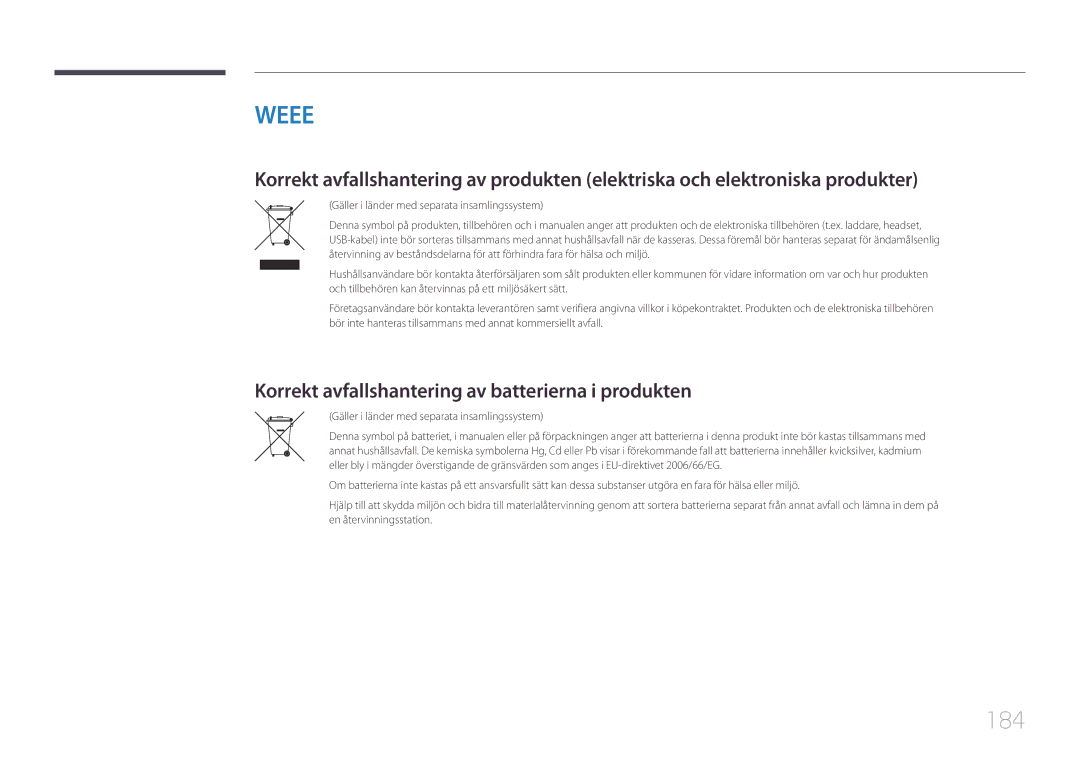 Samsung LH32DBEPLGC/EN, LH48DMEPLGC/EN, LH40DHEPLGC/EN manual 184, Korrekt avfallshantering av batterierna i produkten 