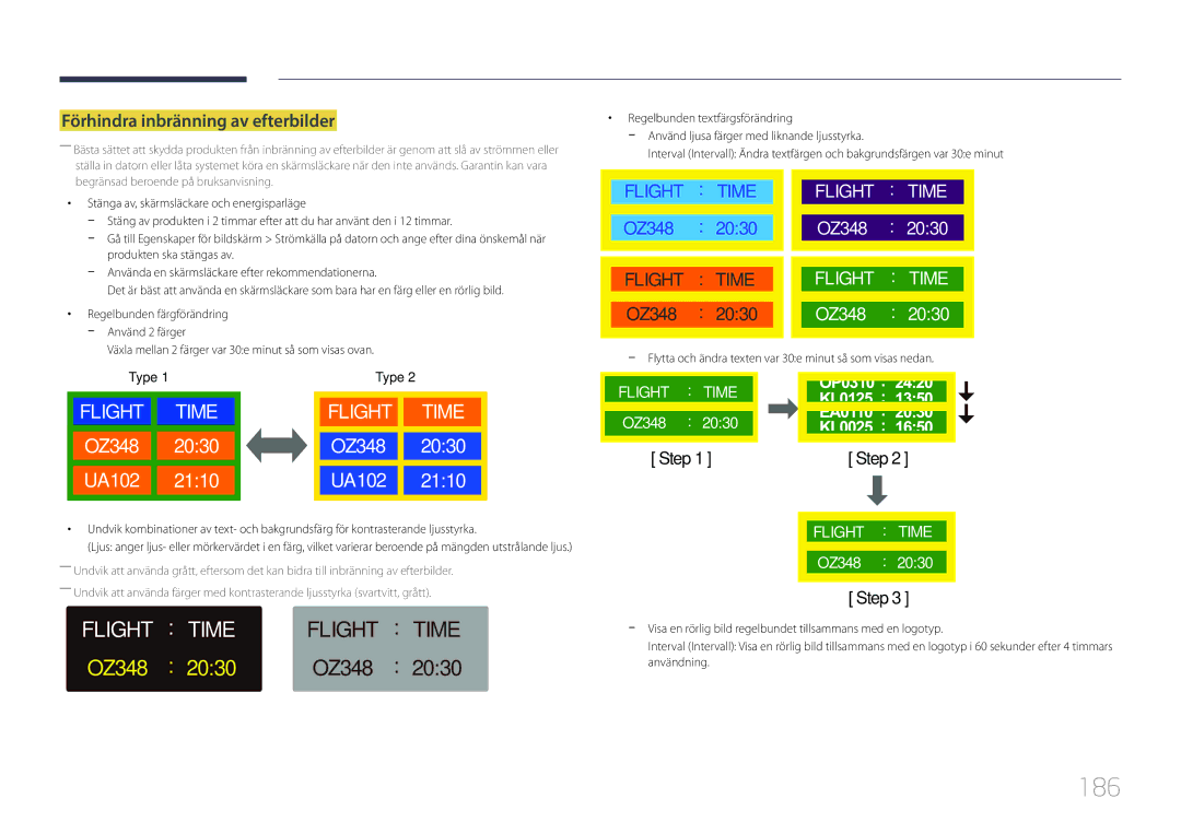 Samsung LH55DBEPLGC/EN, LH48DMEPLGC/EN, LH40DHEPLGC/EN, LH32DBEPLGC/EN manual 186, Förhindra inbränning av efterbilder 