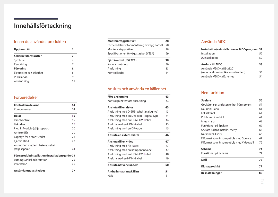 Samsung LH32DBEPLGC/EN, LH48DMEPLGC/EN, LH40DHEPLGC/EN, LH55DMEPLGC/EN, LH55DBEPLGC/EN, LH40DMEPLGC/EN Innehållsförteckning 