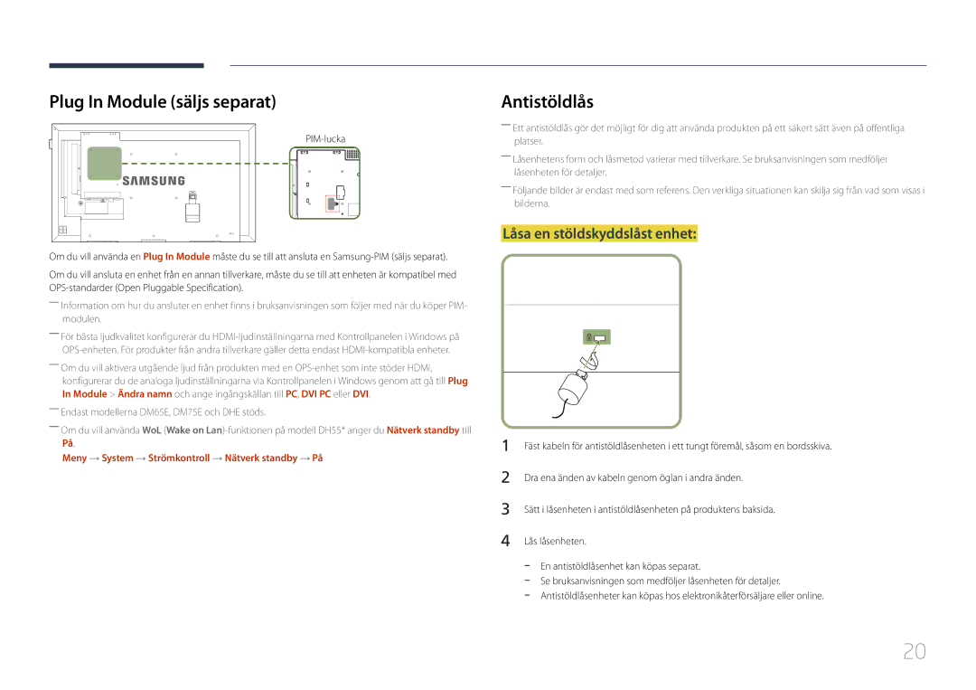 Samsung LH75DMEPLGC/EN, LH48DMEPLGC/EN manual Plug In Module säljs separat, Antistöldlås, Låsa en stöldskyddslåst enhet 