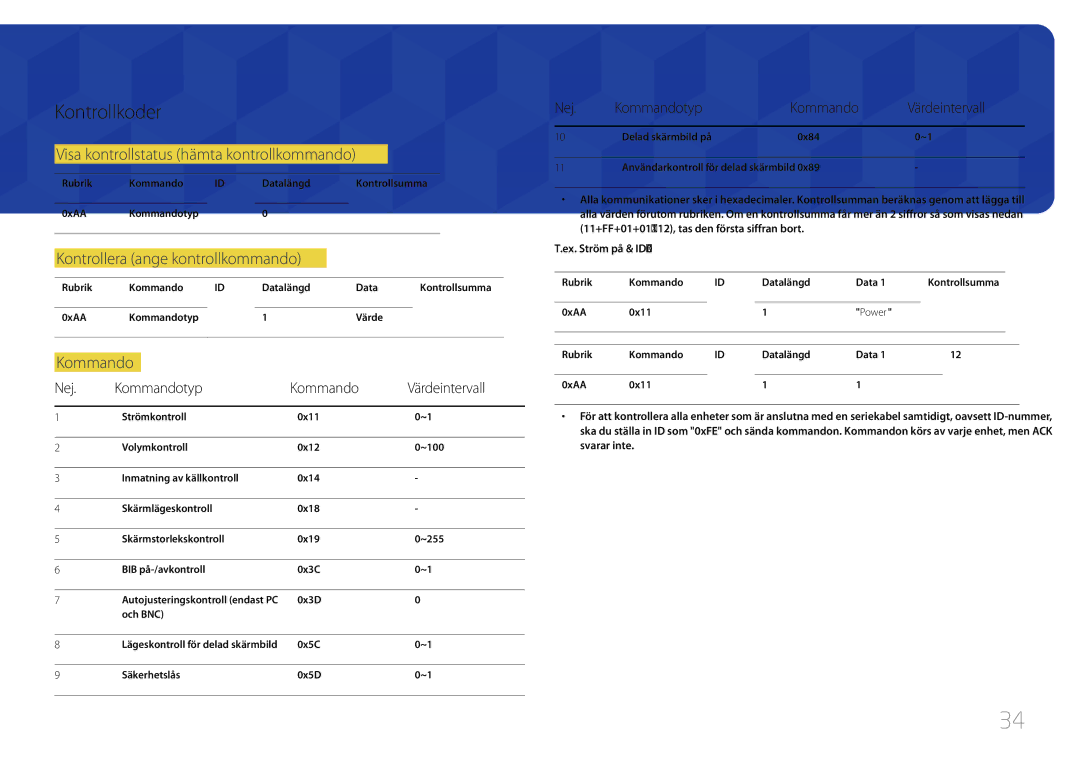 Samsung LH65DMEPLGC/EN manual Kontrollkoder, Visa kontrollstatus hämta kontrollkommando, Kontrollera ange kontrollkommando 