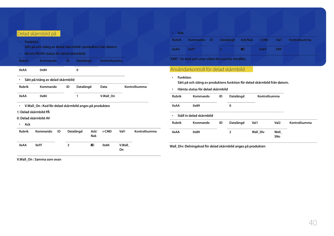 Samsung LH40DHEPLGC/EN, LH48DMEPLGC/EN Delad skärmbild på, Användarkontroll för delad skärmbild, WallOn Samma som ovan Nak 