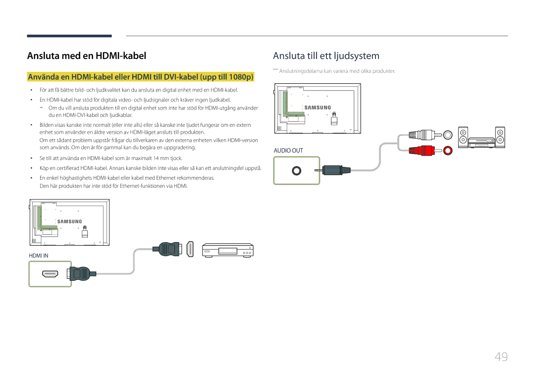 Samsung LH32DMEPLGC/EN, LH48DMEPLGC/EN, LH40DHEPLGC/EN, LH32DBEPLGC/EN, LH55DMEPLGC/EN manual Ansluta till ett ljudsystem 