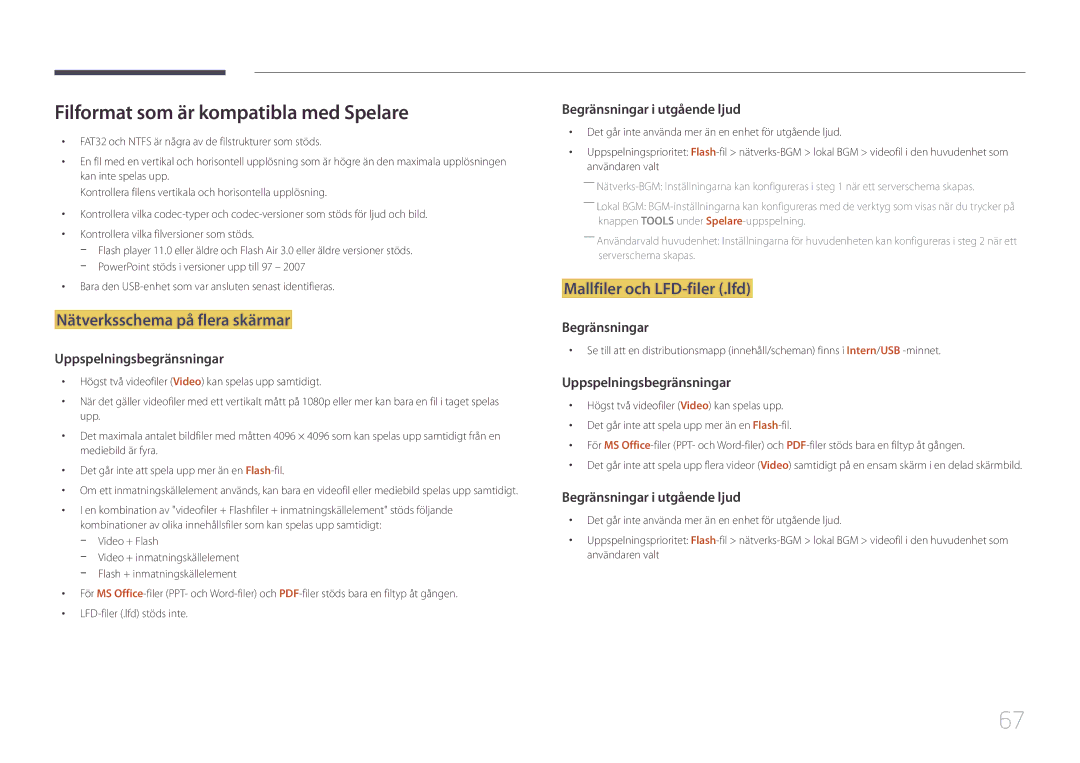 Samsung LH32DBEPLGC/EN, LH48DMEPLGC/EN manual Filformat som är kompatibla med Spelare, Nätverksschema på flera skärmar 