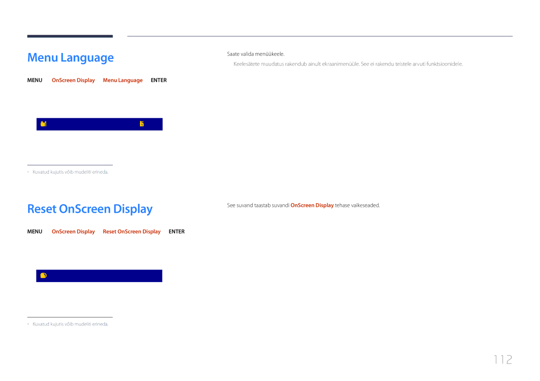 Samsung LH65DMEPLGC/EN manual Reset OnScreen Display, 112, Menu m → OnScreen Display → Menu Language → Enter E 