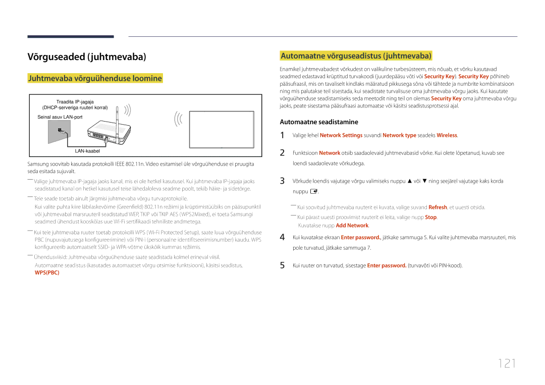 Samsung LH55DBEPLGC/EN 121, Võrguseaded juhtmevaba, Juhtmevaba võrguühenduse loomine, Automaatne võrguseadistus juhtmevaba 