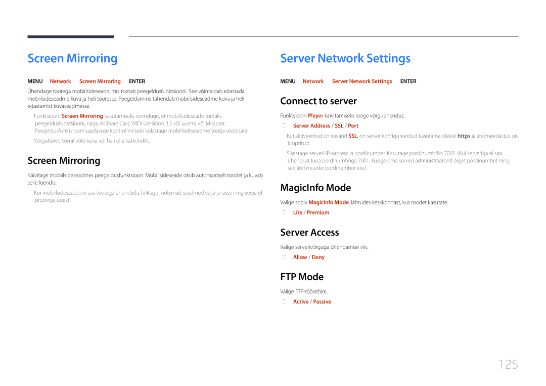 Samsung LH65DMEPLGC/EN, LH48DMEPLGC/EN, LH40DHEPLGC/EN, LH32DBEPLGC/EN manual Screen Mirroring, Server Network Settings, 125 