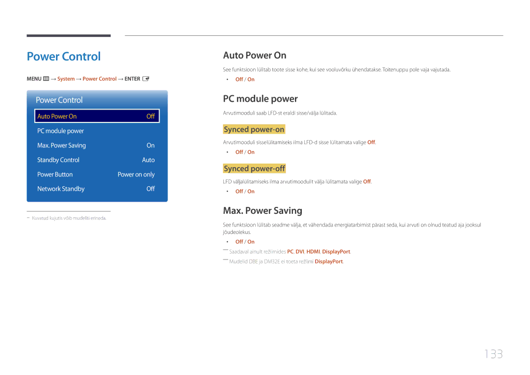 Samsung LH55DMEPLGC/EN, LH48DMEPLGC/EN manual Power Control, 133, Auto Power On, PC module power, Max. Power Saving 