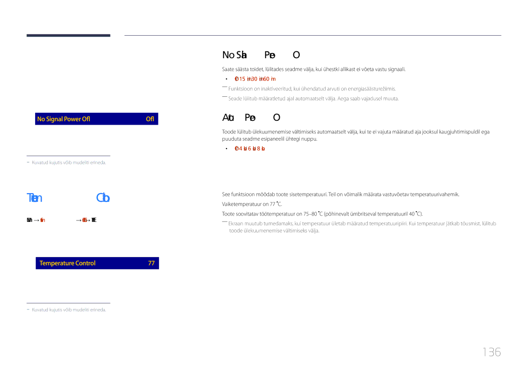 Samsung LH55DHEPLGC/EN, LH48DMEPLGC/EN, LH40DHEPLGC/EN manual Temperature Control, 136, No Signal Power Off, Auto Power Off 