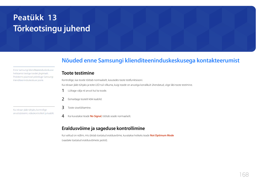 Samsung LH48DBEPLGC/EN, LH48DMEPLGC/EN Tõrkeotsingu juhend, 168, Toote testimine, Eraldusvõime ja sageduse kontrollimine 