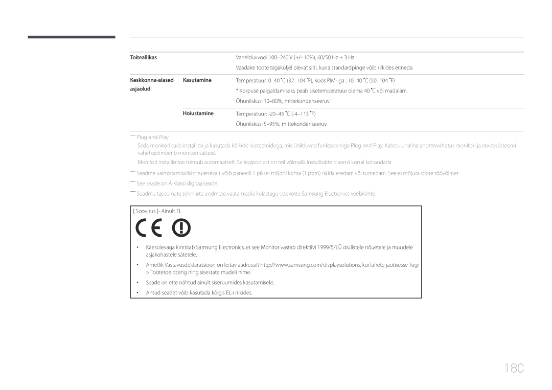 Samsung LH48DHEPLGC/EN, LH48DMEPLGC/EN, LH40DHEPLGC/EN manual 180, Toiteallikas, Keskkonna-alased Kasutamine, Asjaolud 