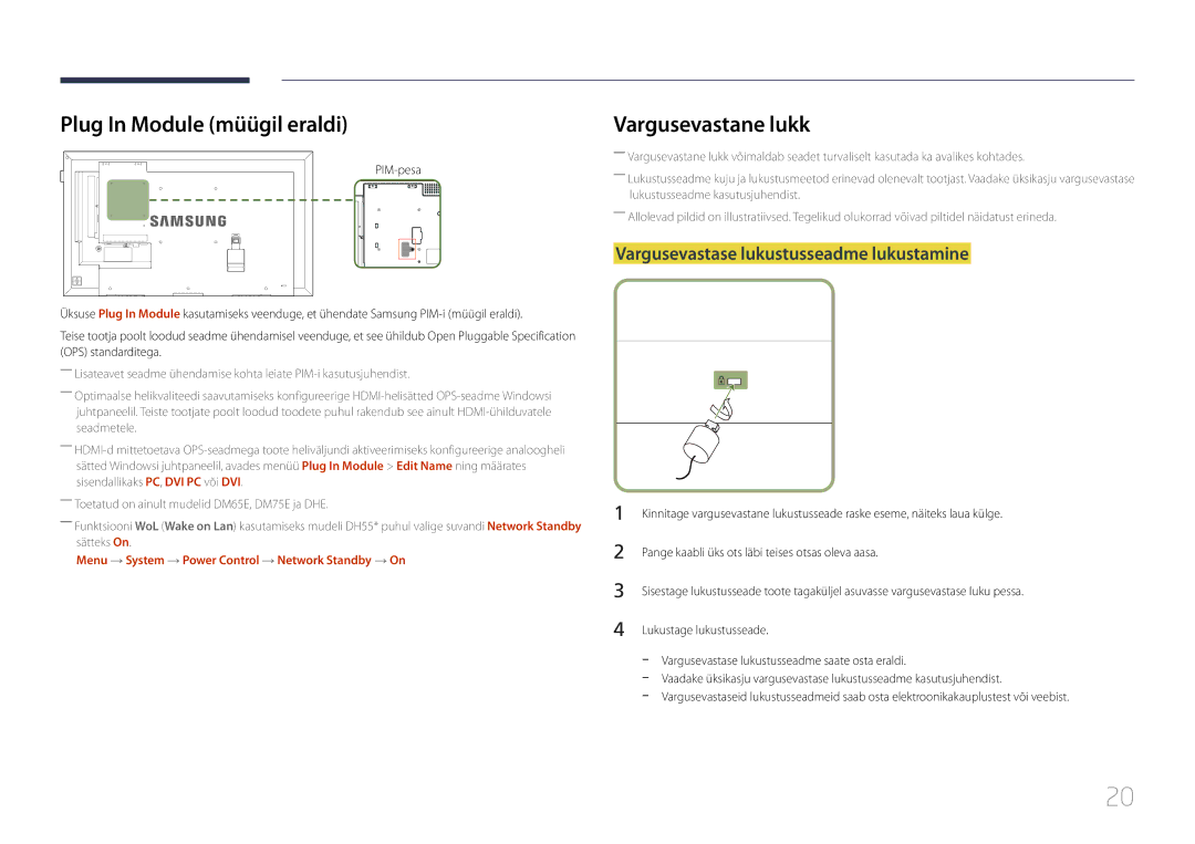 Samsung LH75DMEPLGC/EN manual Plug In Module müügil eraldi, Vargusevastane lukk, Vargusevastase lukustusseadme lukustamine 