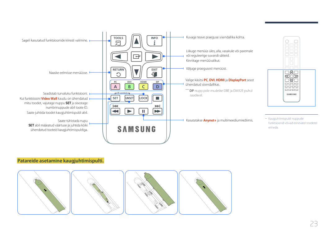 Samsung LH32DMEPLGC/EN manual Patareide asetamine kaugjuhtimispulti, Sageli kasutatud funktsioonide kiiresti valimine 