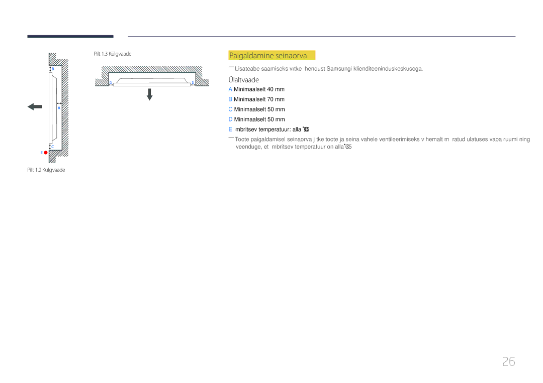 Samsung LH48DMEPLGC/EN, LH40DHEPLGC/EN manual Paigaldamine seinaorva, Ülaltvaade, Pilt 1.2 Külgvaade Pilt 1.3 Külgvaade 