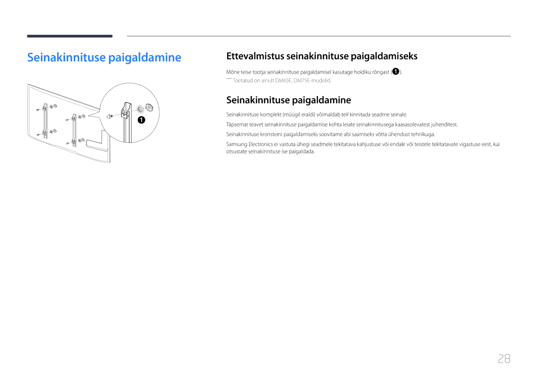 Samsung LH32DBEPLGC/EN, LH48DMEPLGC/EN manual Seinakinnituse paigaldamine, Ettevalmistus seinakinnituse paigaldamiseks 