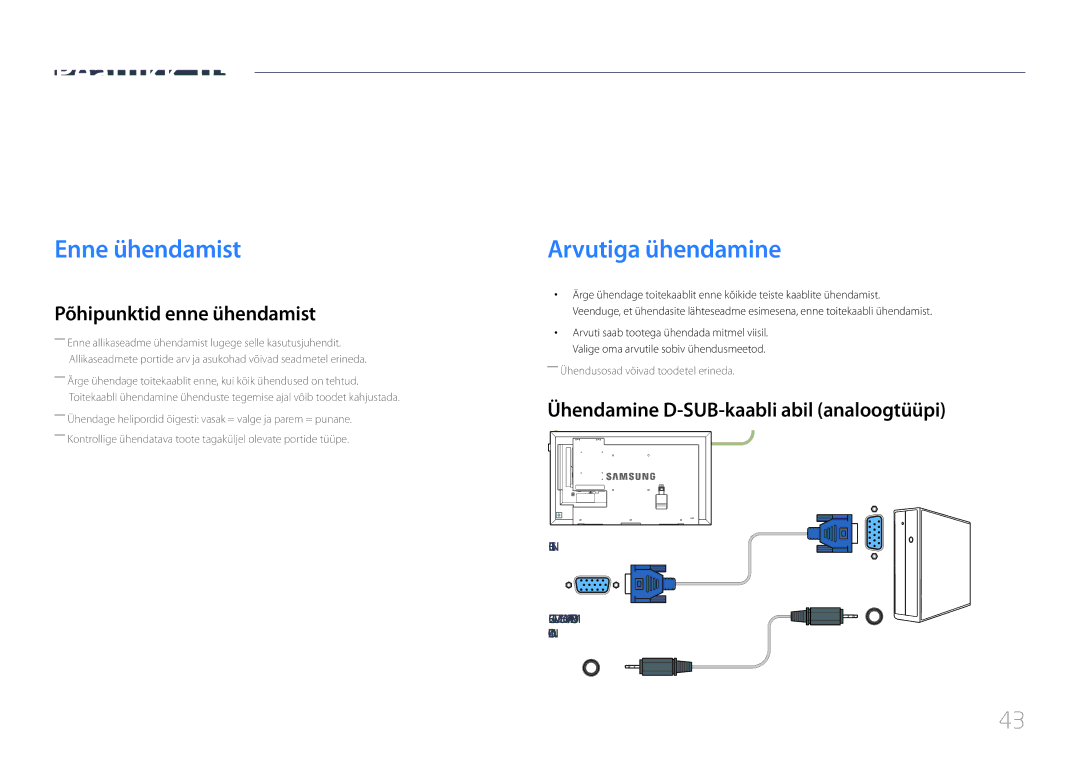 Samsung LH55DBEPLGC/EN, LH48DMEPLGC/EN manual Allikaseadme ühendamine ja kasutamine, Enne ühendamist, Arvutiga ühendamine 