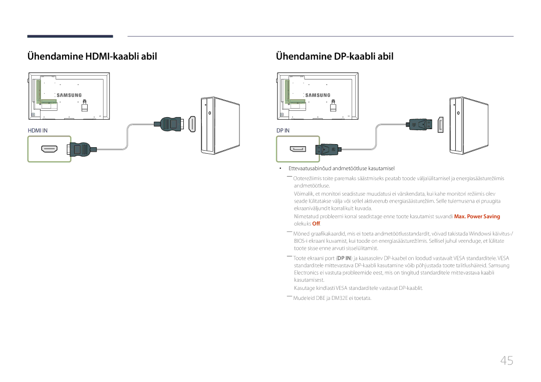 Samsung LH55DHEPLGC/EN Ühendamine HDMI-kaabli abil, Ühendamine DP-kaabli abil, Ettevaatusabinõud andmetöötluse kasutamisel 