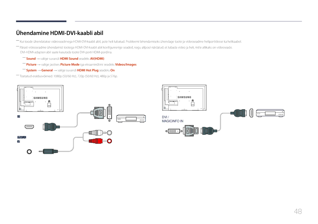 Samsung LH40DBEPLGC/EN, LH48DMEPLGC/EN Ühendamine HDMI-DVI-kaabli abil, ――Sound → valige suvandi Hdmi Sound seadeks Avhdmi 