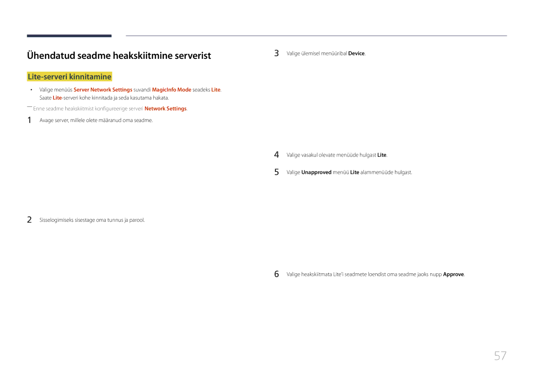 Samsung LH40DMEPLGC/EN, LH48DMEPLGC/EN, LH40DHEPLGC/EN Ühendatud seadme heakskiitmine serverist, Lite-serveri kinnitamine 