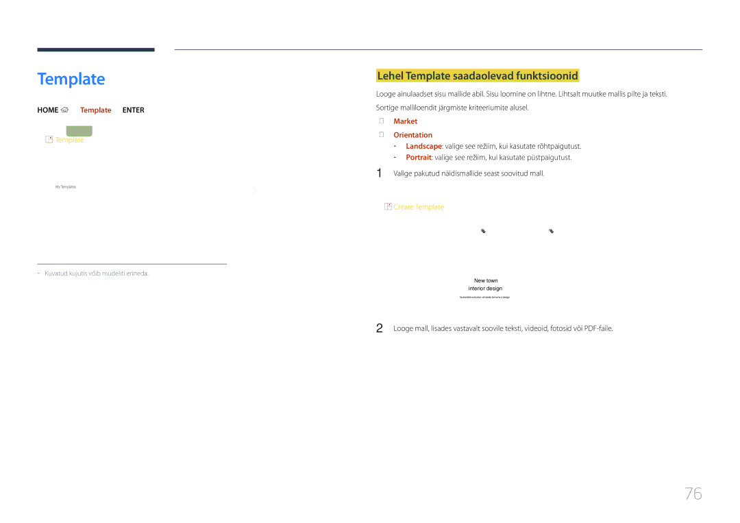 Samsung LH48DHEPLGC/EN manual Lehel Template saadaolevad funktsioonid, Home → Template → Enter E, Market, Orientation 