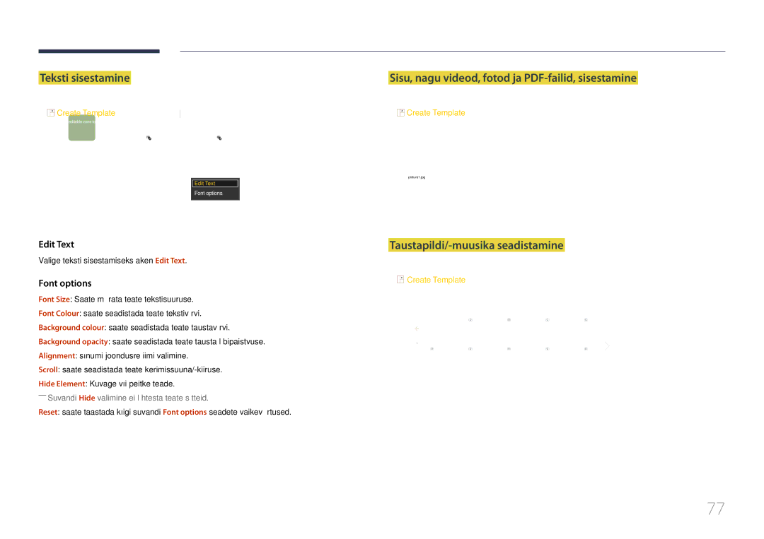 Samsung LH48DBEPLGC/EN Teksti sisestamine, Taustapildi/-muusika seadistamine, Valige teksti sisestamiseks aken Edit Text 