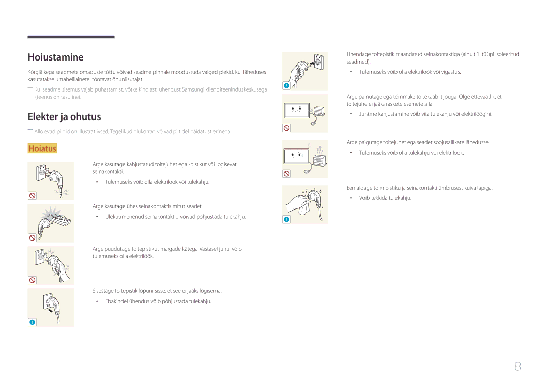 Samsung LH65DMEPLGC/EN, LH48DMEPLGC/EN, LH40DHEPLGC/EN, LH32DBEPLGC/EN, LH55DMEPLGC/EN manual Hoiustamine, Elekter ja ohutus 