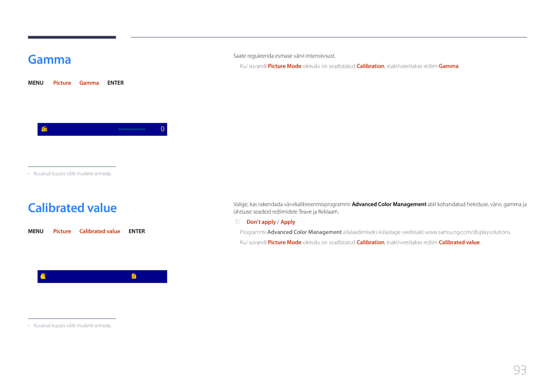 Samsung LH32DBEPLGC/EN, LH48DMEPLGC/EN manual Calibrated value, Menu m → Picture → Gamma → Enter E, Dont apply / Apply 