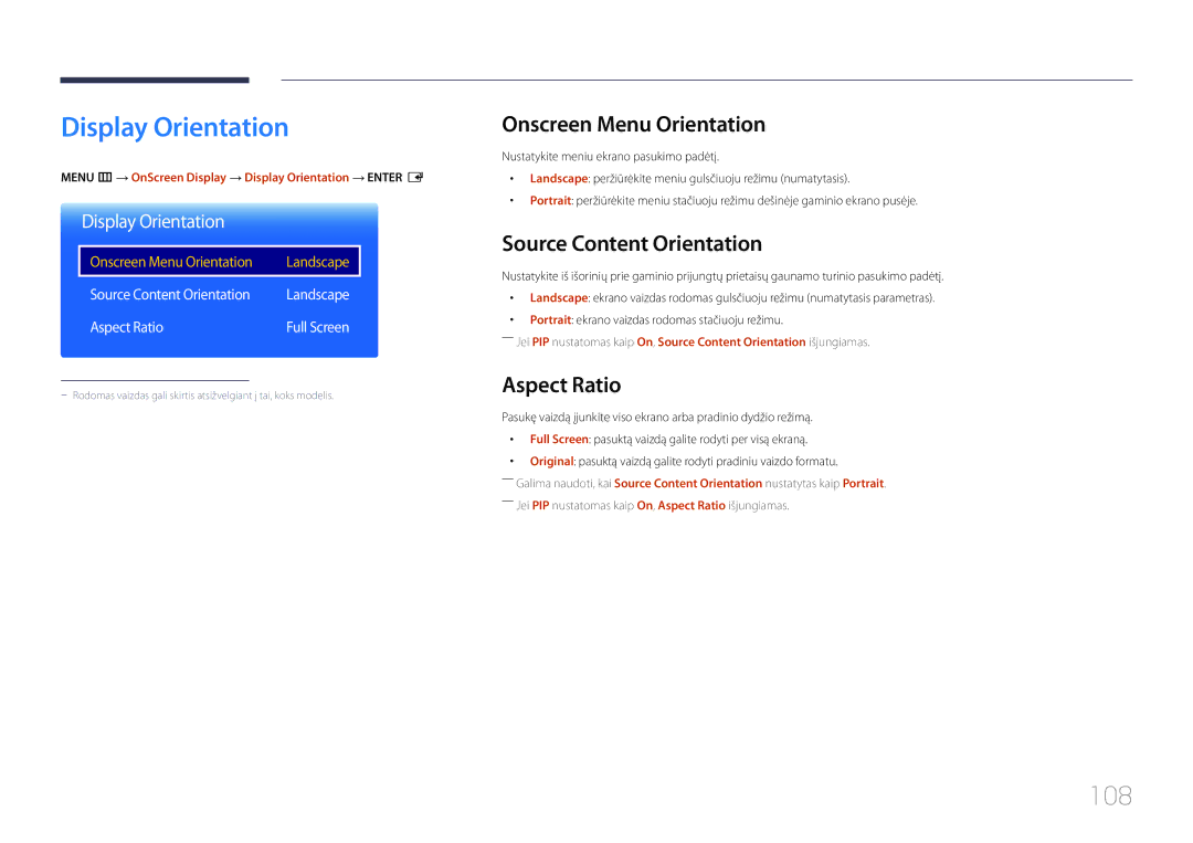 Samsung LH55DBEPLGC/EN manual Display Orientation, 108, Onscreen Menu Orientation, Source Content Orientation, Aspect Ratio 